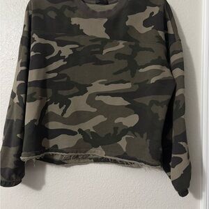 ATM French Terry Jungle Camo Crew Neck Sweatshirt. Frayed Hem, elastic at Cuffs.